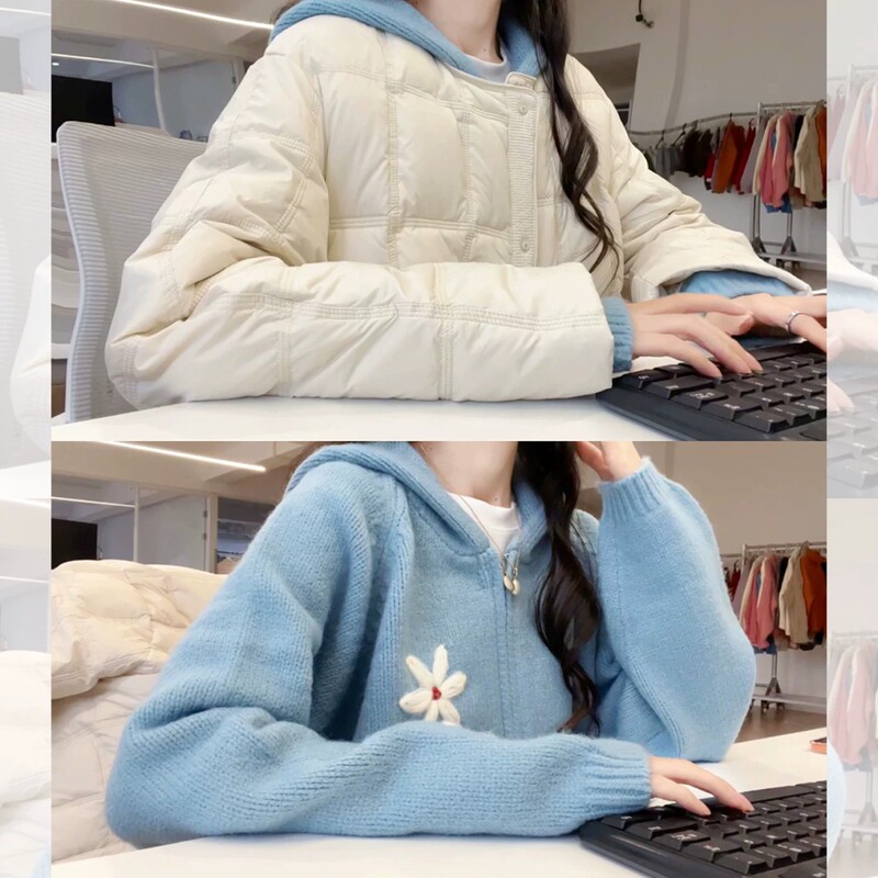 Blue Hooded Knitted Cardigan Sweater for Women 2026 New Autumn and Winter Korean Style Lazy Style Loose and Stylish Top