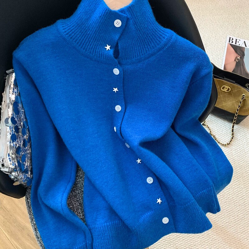 Lazy Style Soft and Cozy Turtleneck Klein Blue Sweater for Women, Autumn and Winter 2026 New Loose Slimming Knit Cardigan Top