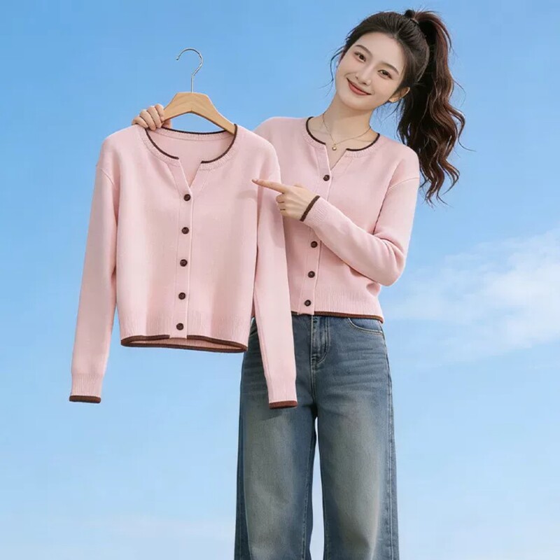 Ladylike Pink Single-Breasted Knitted Cardigan for Women, Spring and Autumn 2026 New Versatile Long-Sleeved Stylish Top