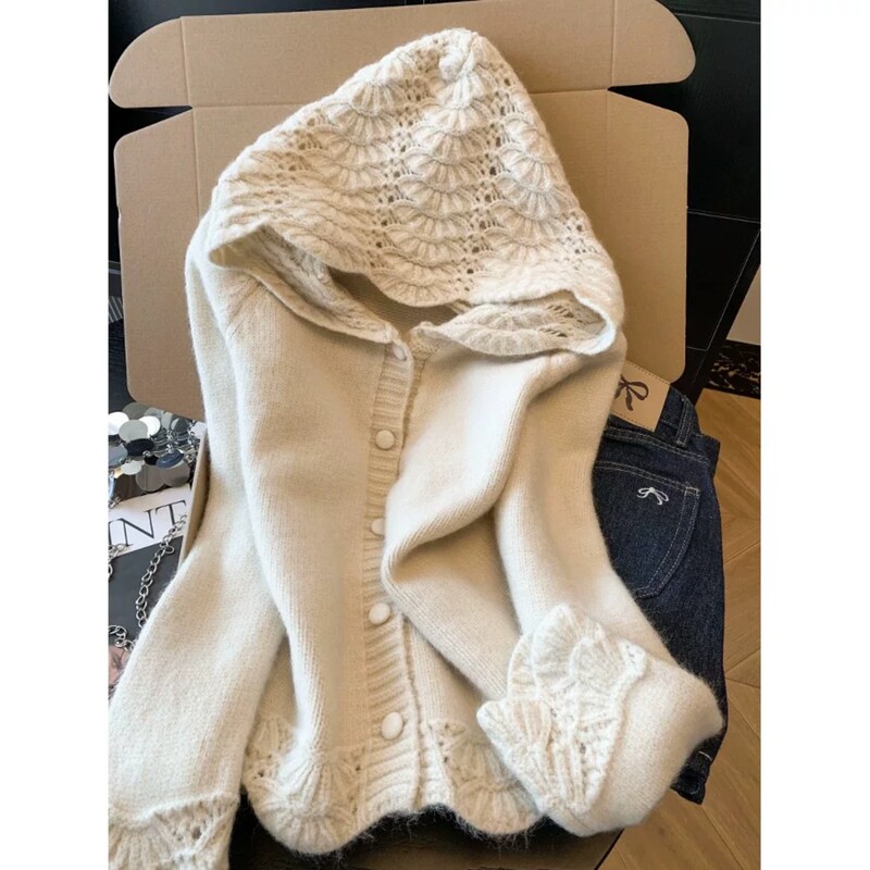 Korean-Style Lazy Style Hollow-Out Hooded Sweater Knit Cardigan for Women, Autumn and Winter 2026 New Model, Super Beautiful and Soft Top Korean-Style Lazy Style Hollow-Out Hooded Sweater Knit Cardigan for Women, Autumn and Winter 2026 New Model, Super Beautiful and Soft Top