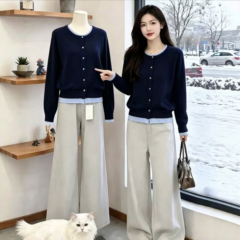 Korean-Style Color-Blocking Fake Two-Piece Knitted Cardigan for Women, Spring and Autumn Jacket with a High-End Feel, Long-Sleeved Loose Round-Neck Top Korean-Style Color-Blocking Fake Two-Piece Knitted Cardigan for Women, Spring and Autumn Jacket with a High-End Feel, Long-Sleeved Loose Round-Neck Top