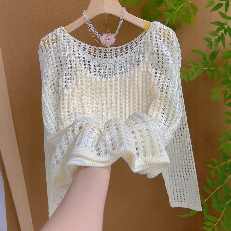 Lazy Style Thin Hollow-Out Knitted Cover-Up for Women, Summer 2026 New Loose Casual Versatile Round-Neck Sun Protection Top