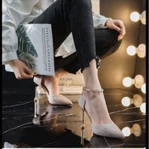 Etiquette High heels with shoes one word button name Yuan Design Sense little crowdfairy Wind fine and temperament Goddess Fan is buttoned sandal