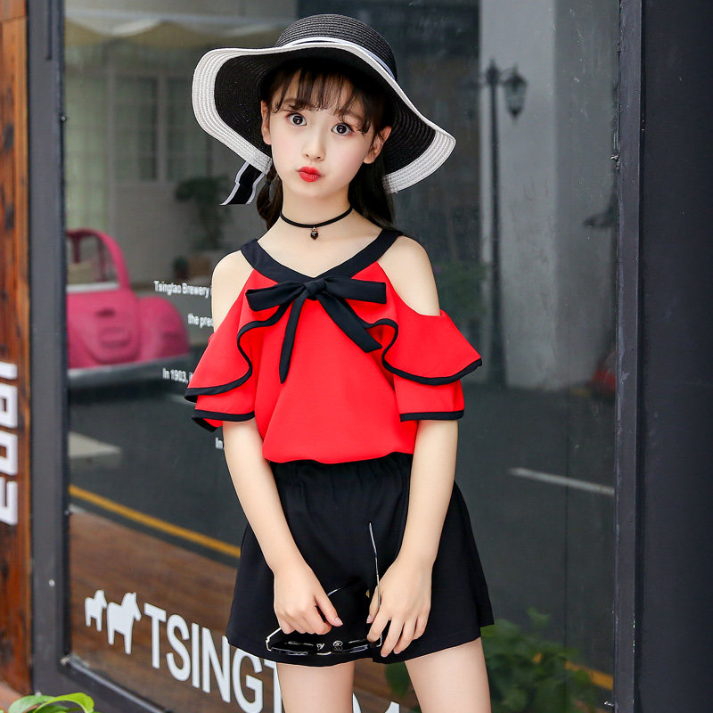 10 summer clothes 6 girls leaky shoulder chiffon shorts suit 12 years old children's clothes 7 little girls 8 summer 9 clothes 11 summer
