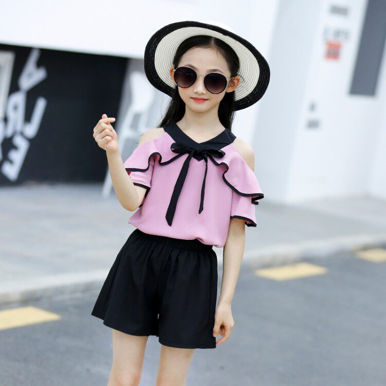 10 summer clothes 6 girls leaky shoulder chiffon shorts suit 12 years old children's clothes 7 little girls 8 summer 9 clothes 11 summer