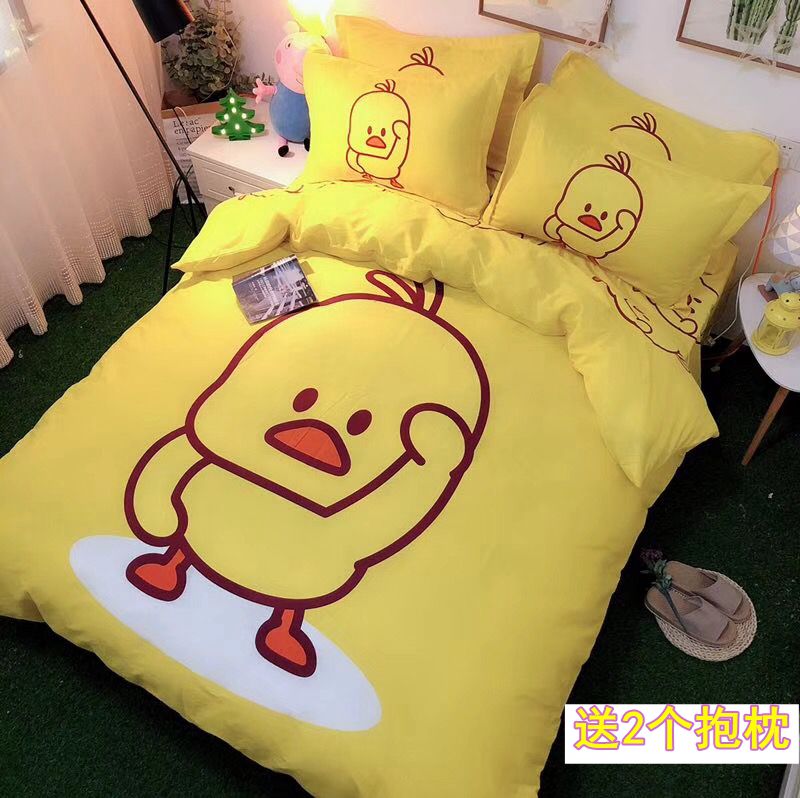 Vibrato nhỏ màu đỏ vịt vàng gia đình cotton cartoon ròng của bốn đứa con ba chàng trai và cô gái công chúa phong cách giường bông - Bộ đồ giường bốn mảnh chăn drap gối nệm