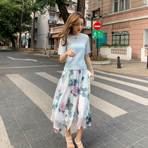 Fairy Oil Painting Skirt 2021 New Rendering Printed Large Pendulum High Waist Mid Length a word emulated silk halfbody dress Womens summer