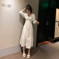White dress female fairy holiday V-collar temperament French retro waist thin knee bubble sleeve skirt spring and autumn