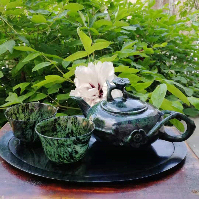 Gansu Jiuquan Dunhuang Qilian Luminous cup Ink Jade cup fine plum pot set Natural jade practical and gift