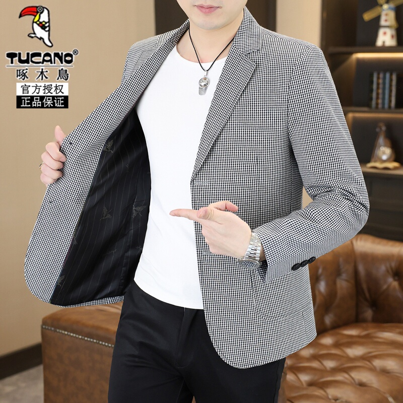Woodpecker 2026 Spring and Autumn Plaid Suit Jacket Men's Business Casual Solid Color Small Suit Houndstooth Jacket