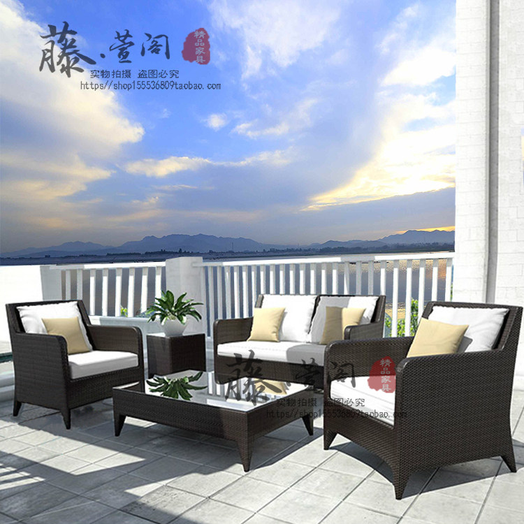 Outdoor sofa Rattan chair coffee table combination in open-air cafe Tea restaurant tables and chairs Balcony garden rattan furniture