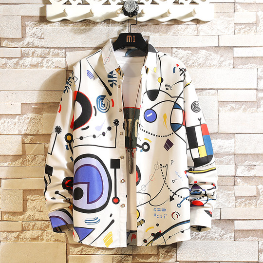 Long-Sleeved Shirt for Men, Autumn Korean Style, Hawaiian Floral Print Casual Shirt, Japanese Trendy Brand, Loose Large Size Jacket