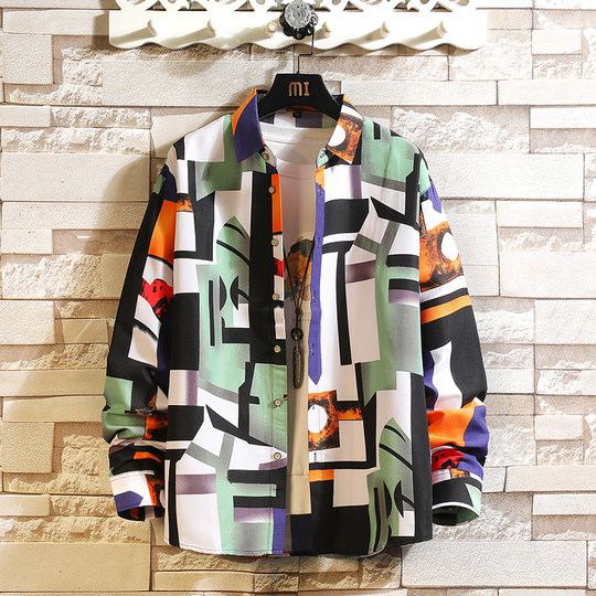 Long-Sleeved Shirt for Men, Autumn Korean Style, Hawaiian Floral Print Casual Shirt, Japanese Trendy Brand, Loose Large Size Jacket