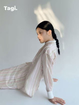 Tagi Spring full shell powder Lake Tencel linen yarn-dyed micro-superimposed twin shirt set