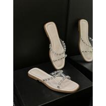 Directly supplied from the factory round toe rhinestone transparent strap flip-flops for womens summer outer wear lightweight and versatile flat sandals