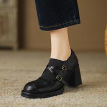 Factory direct supply ~ round toe cross buckle deep mouth single shoes for women 2024 new retro versatile thick high heels