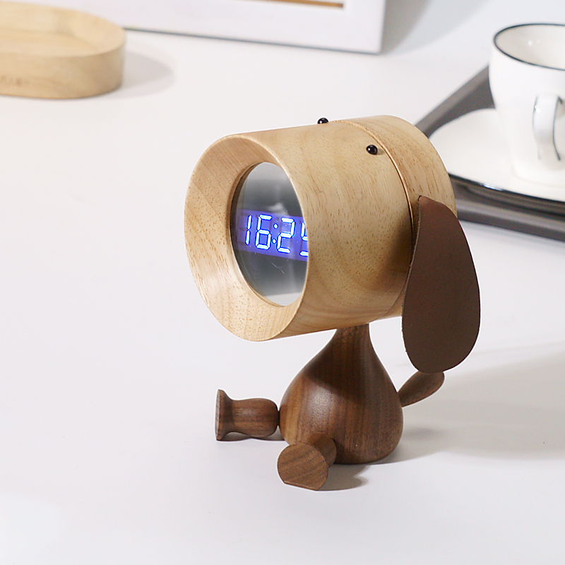 Several people design solid wood cute puppy alarm clock student children's gift bedside desktop cartoon charging creative lettering