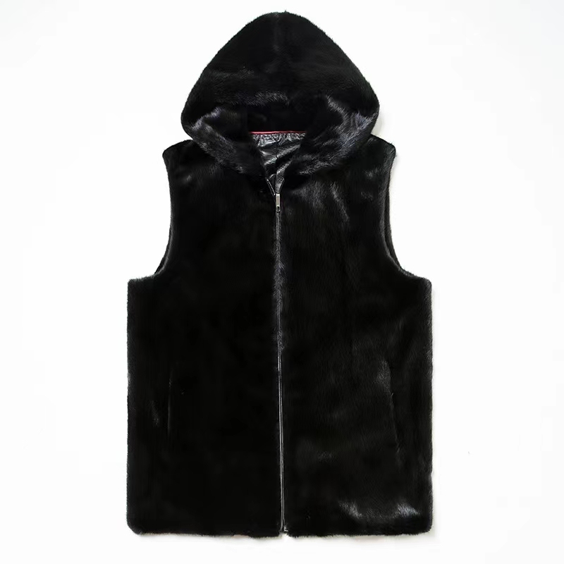 2025 Mink Fur Whole Mink Coat Men's Vest Short Sleeveless Vest Fur Imitation Mink Coat with Hood