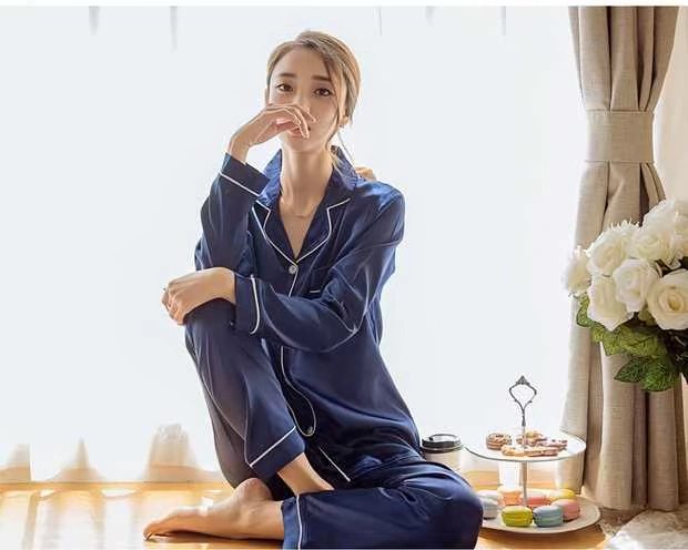 Mô phỏng đồ ngủ lụa gợi cảm nữ mùa xuân và mùa thu thiết lập dài tay mùa hè mỏng phần băng lụa cô gái dịch vụ nhà kích thước lớn - Bộ Pajama