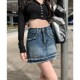 ຮ້ອນສາວອາເມລິກາ retro denim skirt ແມ່ຍິງ plus size fat mm raw edge hip skirt A-line short skirt culottes skirt