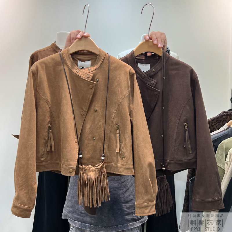 Classic Retro Suede Diagonal Buckle Jacket for Women, Petite Design, Casual Biker Short Coat with Bag