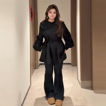 Plus-Size Lace-Up Waist-Cinching Trench Coat for Women, Autumn and Winter, Slimming, Loose, Doll Collar, Sweet, Versatile, Short Coat