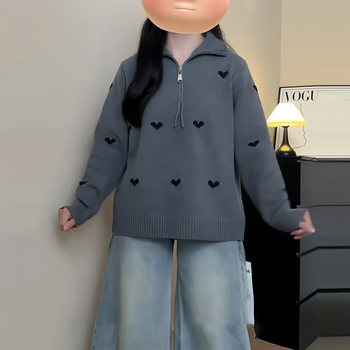 Plus-Size Heart-Pattern Half-Zip Sweater for Women, Autumn and Winter, Slimming, Lazy Style, Loose, Warm Knitwear, Niche Top