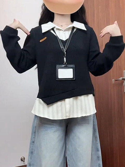 Large size college style fake two-piece polo collar sweatshirt for women in autumn and winter fat mm slimming stitching design niche top