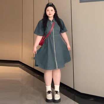 Plus-Size Designer Zipper Denim Dress for Summer, Conceals Belly Fat, Slimming, French-Style Shirt Dress