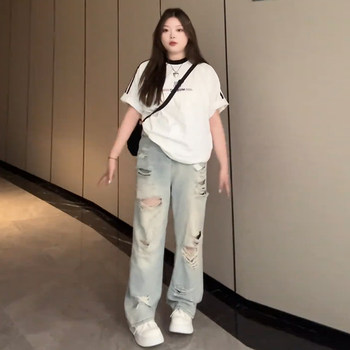 Plus-Size Distressed Ripped Jeans for Women, Summer, Slimming, Straight-Leg, Loose, Trendy, American Retro High Street Pants