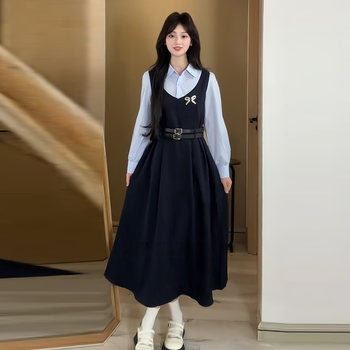 Plus-Size Girlish Long-Sleeve Patchwork Waist-Cinching Dress for Women, Autumn and Winter, Slimming, Niche Casual Dress for Chubby Girls