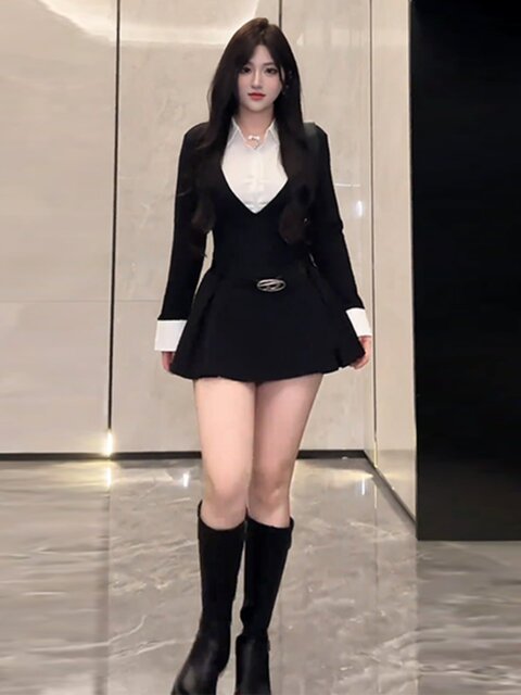 Plus-Size Pure and Alluring Style Two-Piece Shirt Dress for Women, Autumn and Winter, Slimming Waist, Niche Elegant Short Skirt