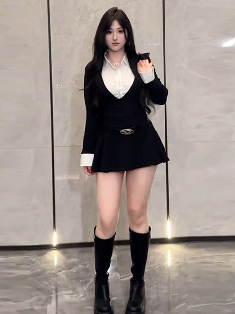 Plus-Size Pure and Alluring Style Two-Piece Shirt Dress for Women, Autumn and Winter, Slimming Waist, Niche Elegant Short Skirt