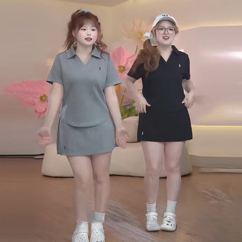 Plus Size Fashion Casual Suit for Women in Summer, Slimming Polo Collar Short-Sleeved T-Shirt + High-Waisted Short Skirt Two-Piece Set