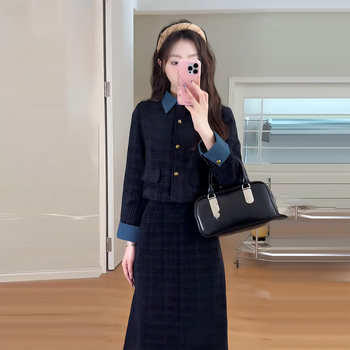 Plus-Size Chanel-Style Suit for Winter, Slimming and Elegant, with a High-End Feel, Featuring a Patchwork Quilted Jacket and a Half-Length Skirt, Two-Piece Set