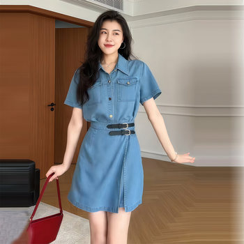 Plus-Size French Retro Denim Dress for Women, Summer Slimming Waist-Cinching Short-Sleeve Dress, Fashionable and Versatile A-Line