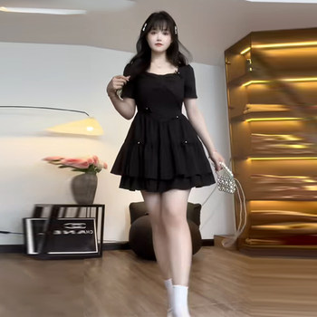 Plus-Size French Hepburn-Style Square-Neck Dress for Women, Summer, Slimming Waist, Niche Style, Trendy Dress for Curvy Women