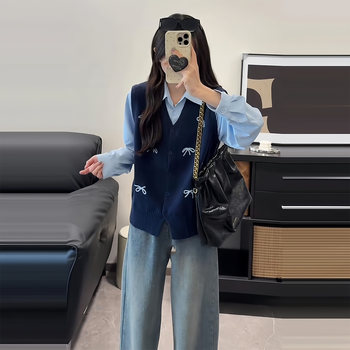 Plus-Size Preppy Style Vest with Fake Two-Piece Long-Sleeve Shirt for Women, Autumn and Winter, Slimming Loose Design, Niche Top for Chubby Girls