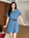 Plus-Size French Retro Denim Dress for Women, Summer Slimming Waist-Cinching Short-Sleeve Dress, Fashionable and Versatile A-Line