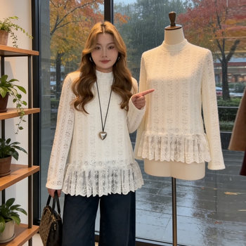 Plus-Size Lace Ruffle Inner T-Shirt for Women, Autumn and Winter, Stand-Up Collar Base Shirt, Slimming and Versatile Design Top