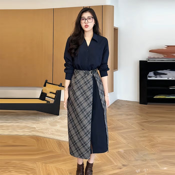 Plus-Size Vintage Two-Piece Dress for Women, Autumn and Winter, High-End Shirt Dress, Slimming for Chubby Women, Tummy-Concealing, Waist-Cinching Long Dress