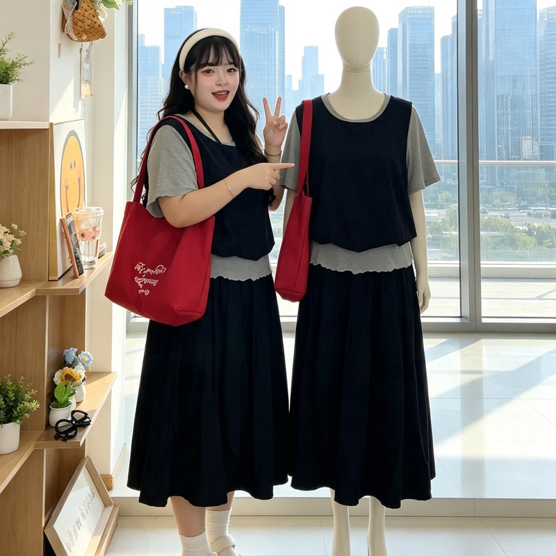 Plus-Size Designer Top and Skirt Two-Piece Set for Summer, Slimming and Concealing, Lazy Style, Casual and Fashionable Outfit Plus-Size Designer Top and Skirt Two-Piece Set for Summer, Slimming and Concealing, Lazy Style, Casual and Fashionable Outfit