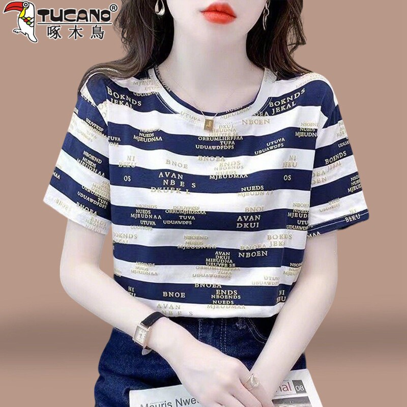 Woodpecker Summer Striped Short-Sleeve Korean Style New 2026 Trendy Short-Sleeve T-Shirt for Women, Loose Top