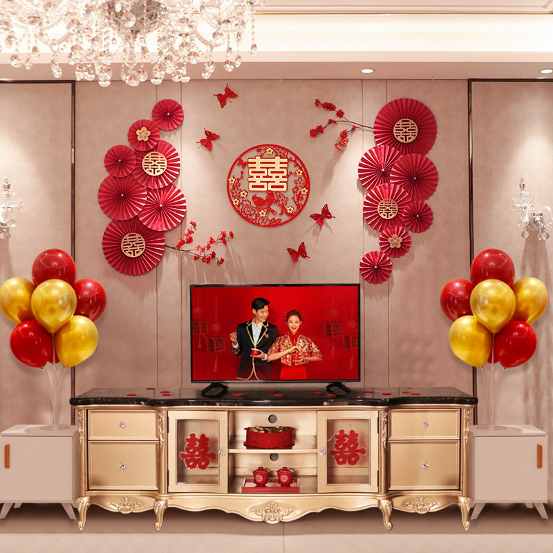 Wedding living room decoration man's TV wall wedding room layout set simple atmosphere woman's mother's room background wall