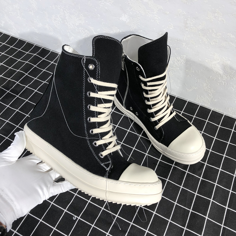 Round Owens shoes men's high barrel canvas satin tassel Yin and Yang color thick bottom dark black hip hop couple booties tide