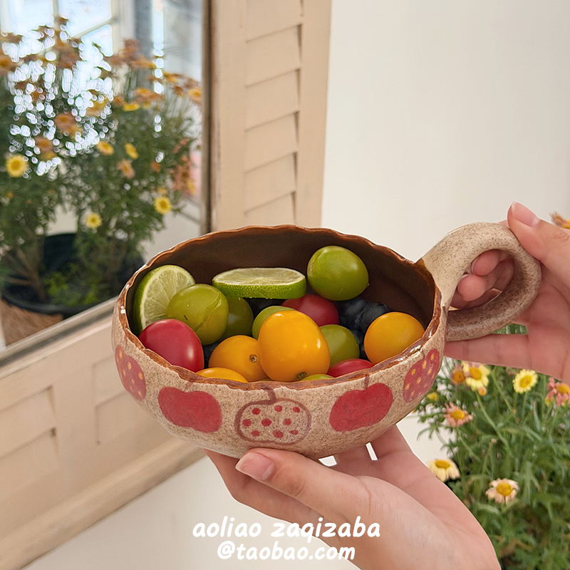 Handmade Rustic Ceramic Apple-Handle Bowl, Vintage Breakfast Bowl, Single-Serving Fruit Bowl, Instagram-Style Household Oatmeal Yogurt Bowl Handmade Rustic Ceramic Apple-Handle Bowl, Vintage Breakfast Bowl, Single-Serving Fruit Bowl, Instagram-Style Household Oatmeal Yogurt Bowl