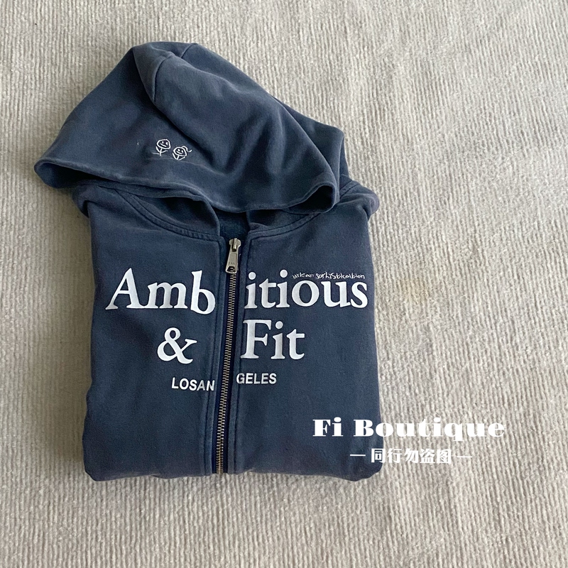 Jennie-Style Urban Blue Distressed Washed Zipper Sweatshirt Hoodie Slim-Fit Short Top Jacket