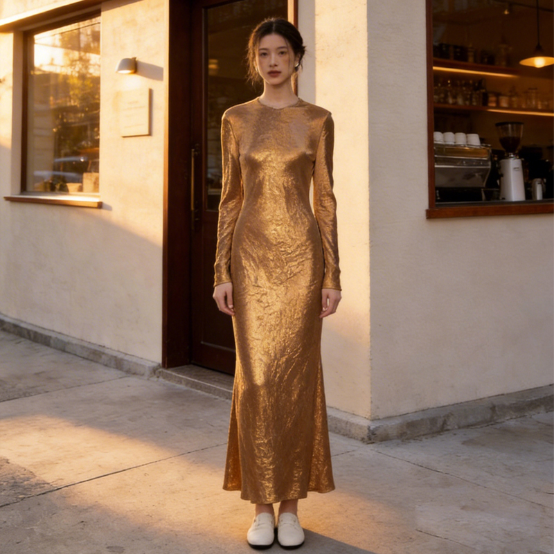 Japanese Imported Textured Triacetate Spring and Autumn French-Style Elegant and Sophisticated Satin Pleated Long-Sleeve Dress