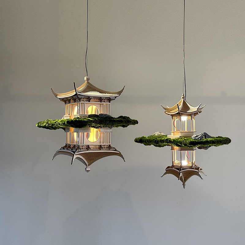 Day Miniature Landscape Ancient Architecture Wooden House Model New Chinese Hotel Hanging Umbra Mirror Dining Room Hanging Ornament