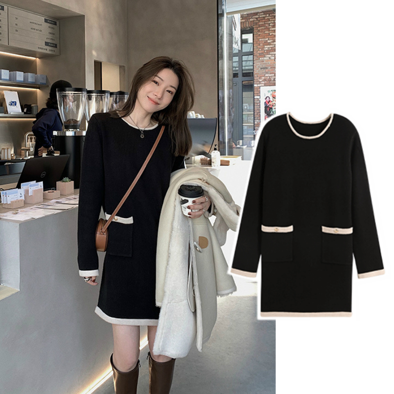 Plus Size Women's Sweater Dress for Chubby Girls, Autumn and Winter 100kg Slimming Versatile Regular Shoulder Knit Base Shirt